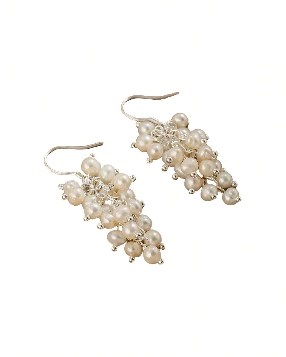 Grape cluster freshwater pearl tassel earrings with vintage S925 silver hooks and boho luxury dangle design