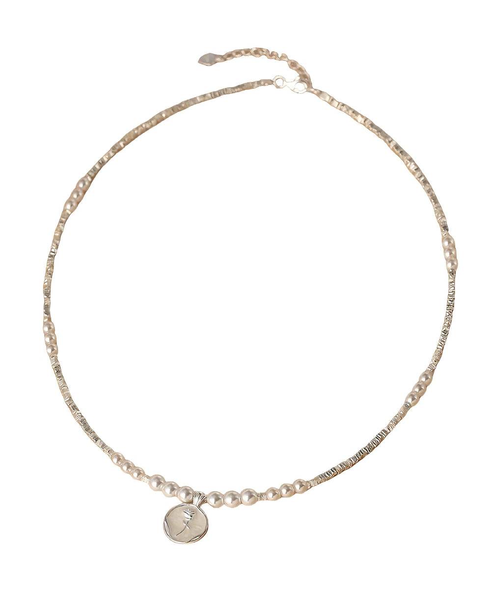 Natural Pearl Necklace with S925 sterling silver chain and hand-enameled rose pendant