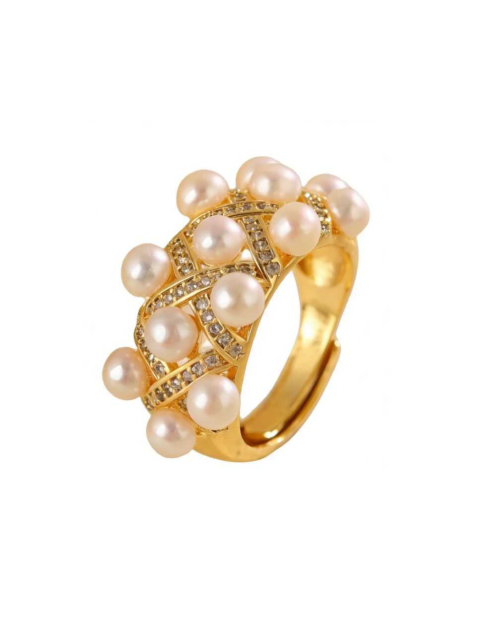 Starry Sky Open freshwater pearl ring with diamond-quilted gold-tone adjustable band for women