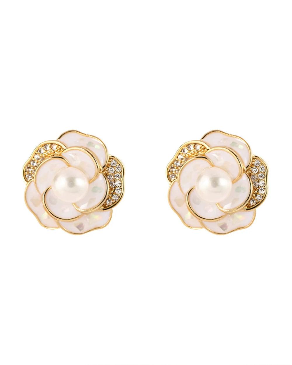 Elegant Camellia Freshwater Pearl Earrings with delicate floral petals and natural pearls for versatile French luxury style