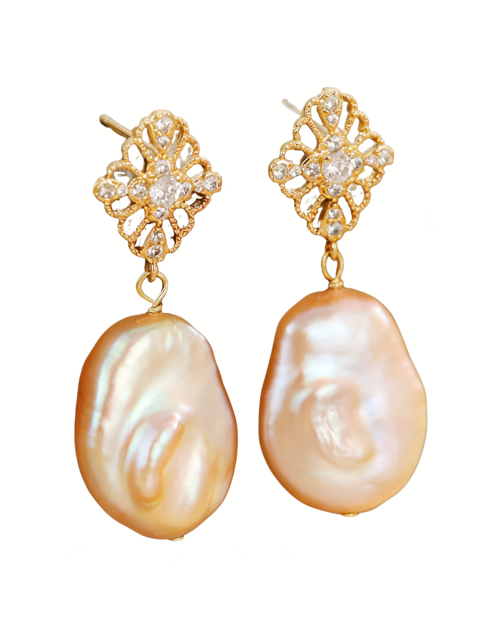 Baroque freshwater pearl drop earrings with French hollow floral design and luxury dangle studs