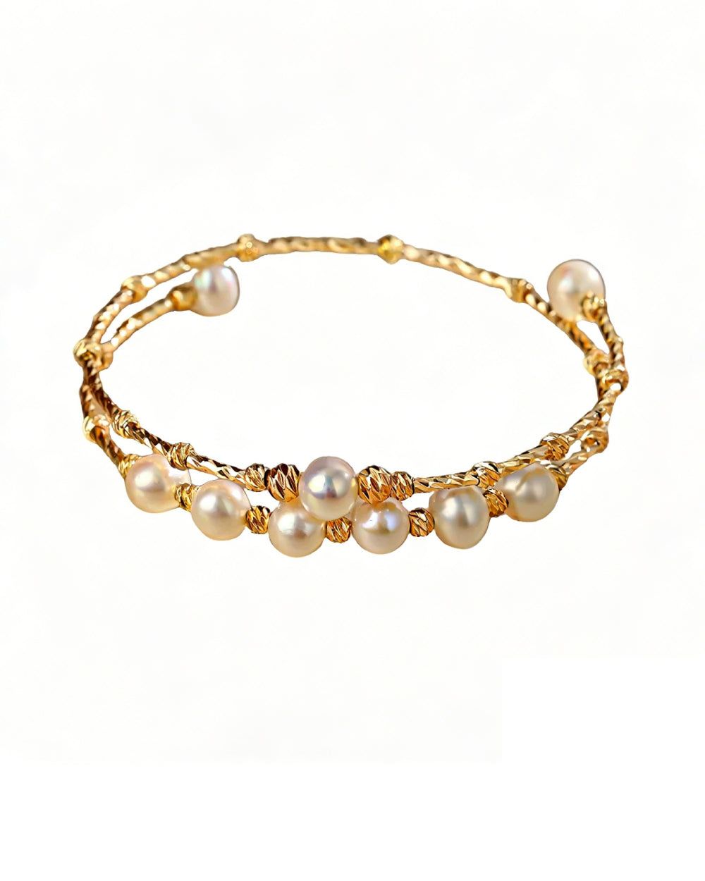 Double-layer freshwater pearl bracelet with gold open bangle, minimalist luxury design for women