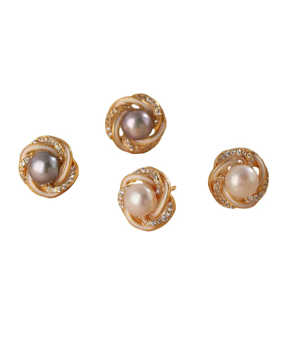 Freshwater pearl floral stud earrings with gold-tone wrap and micro-pavé zircon on S925 silver posts