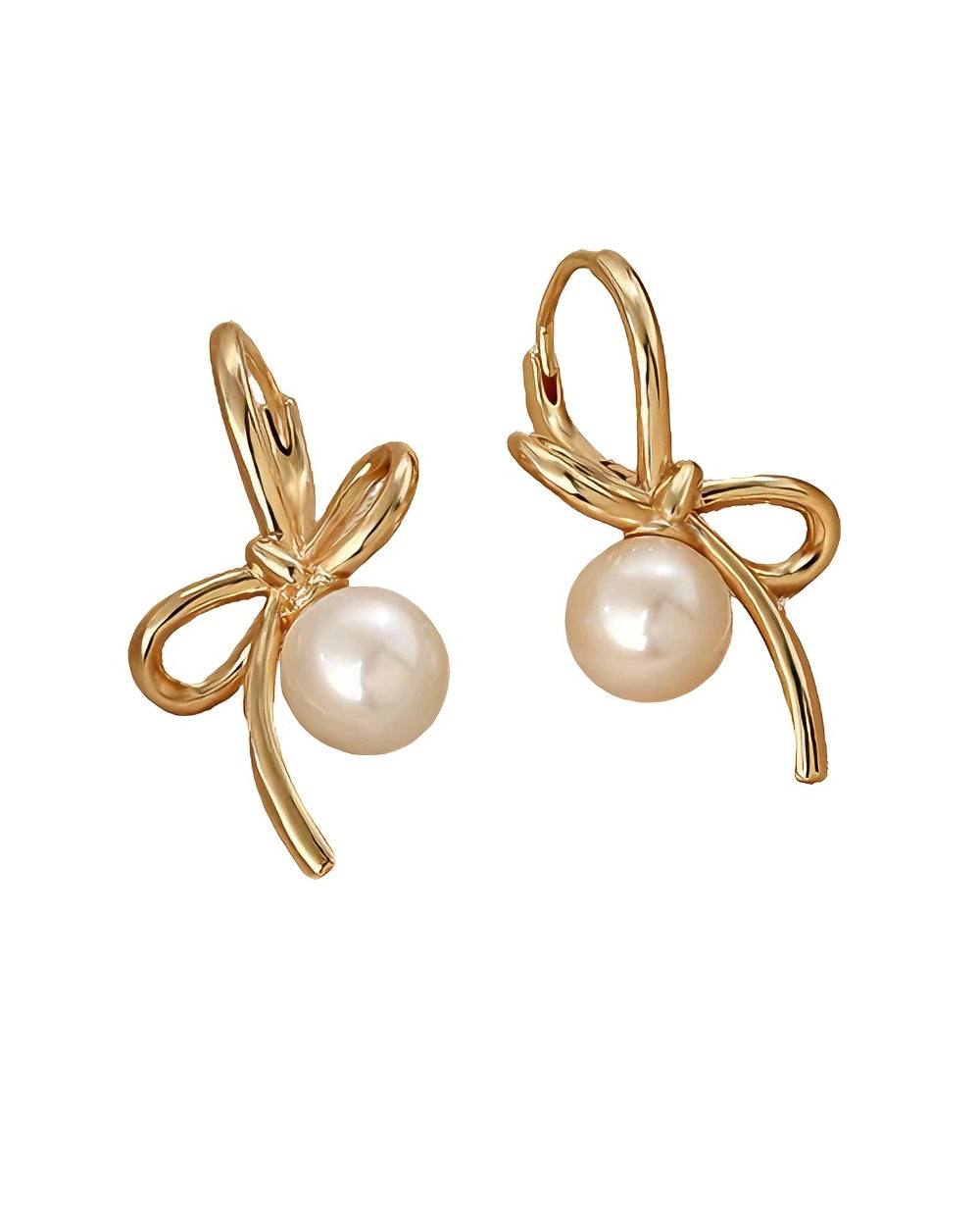 Freshwater pearl bow earrings with gold-tone studs for elegant everyday wear