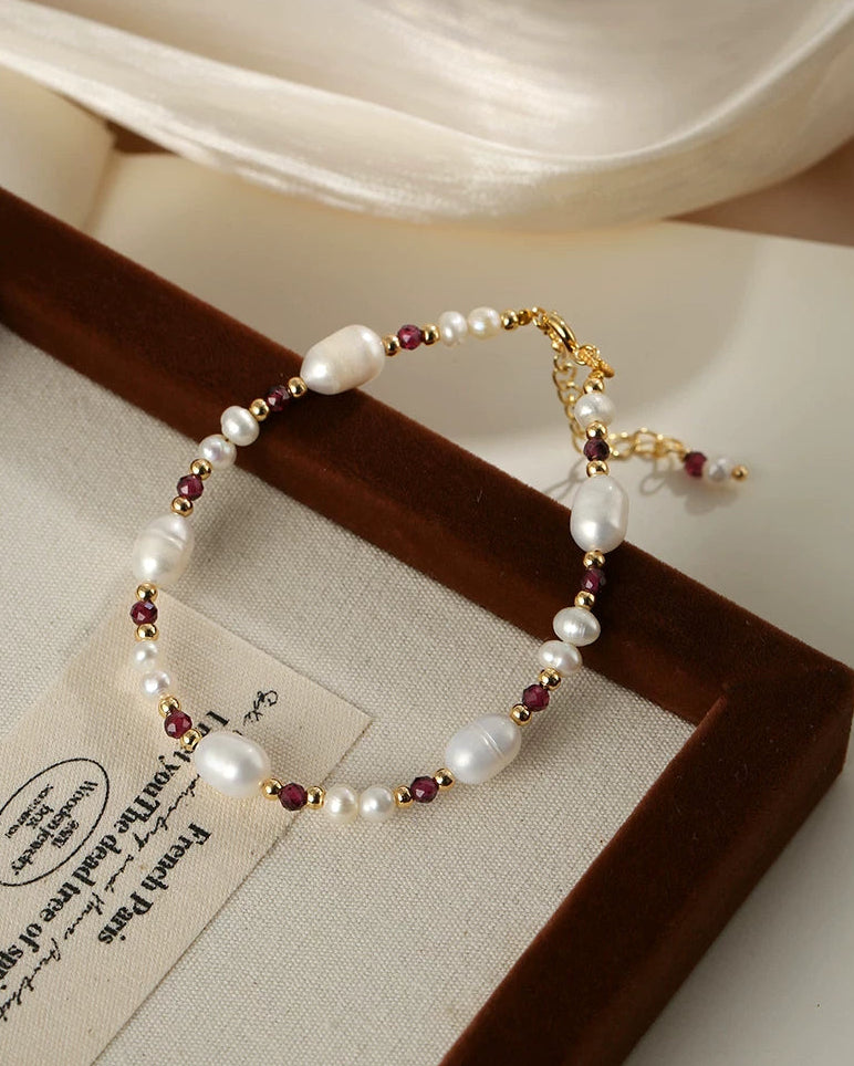 Natural Pearl & Garnet Bracelet Necklace Set – French Vintage Style