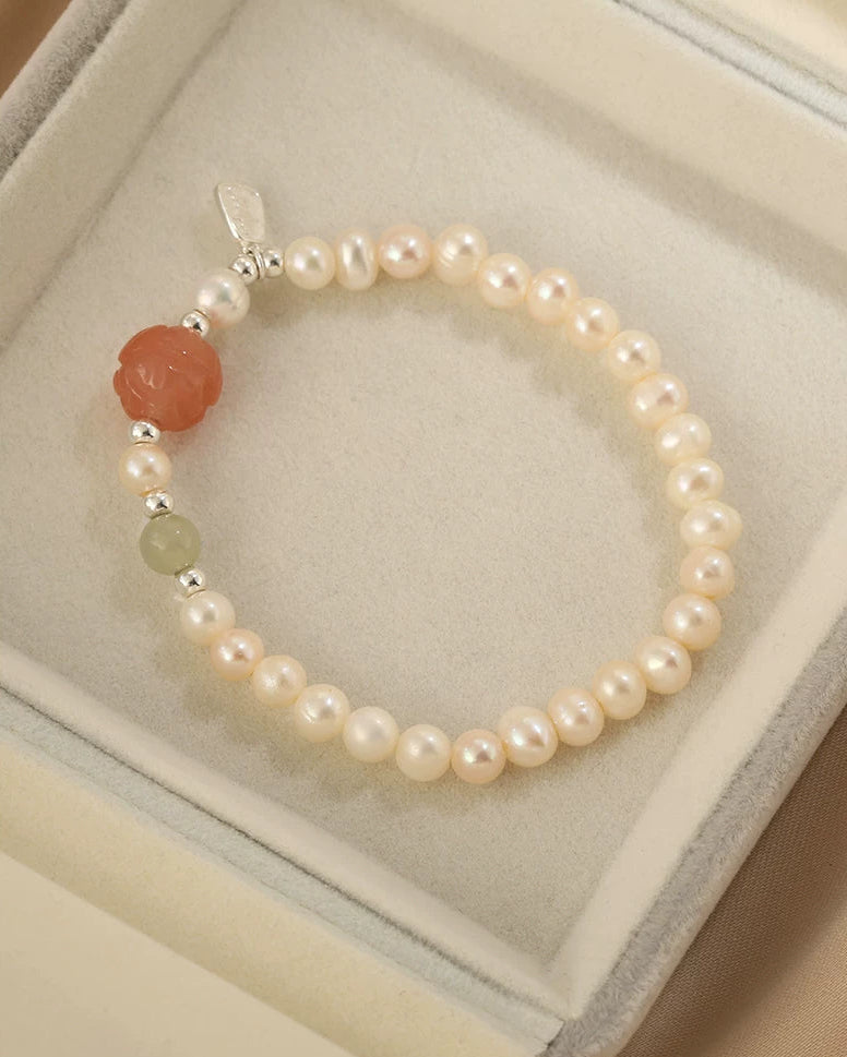 Natural Pearl & Jade Beaded Bracelet | Peace Charm | Artisan Luxe