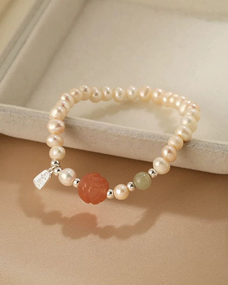 Natural Pearl & Jade Beaded Bracelet | Peace Charm | Artisan Luxe
