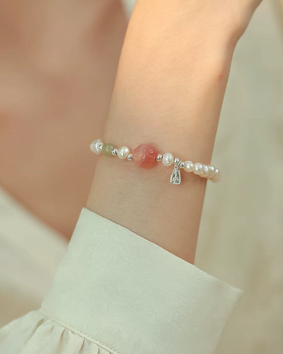 Natural Pearl & Jade Beaded Bracelet | Peace Charm | Artisan Luxe