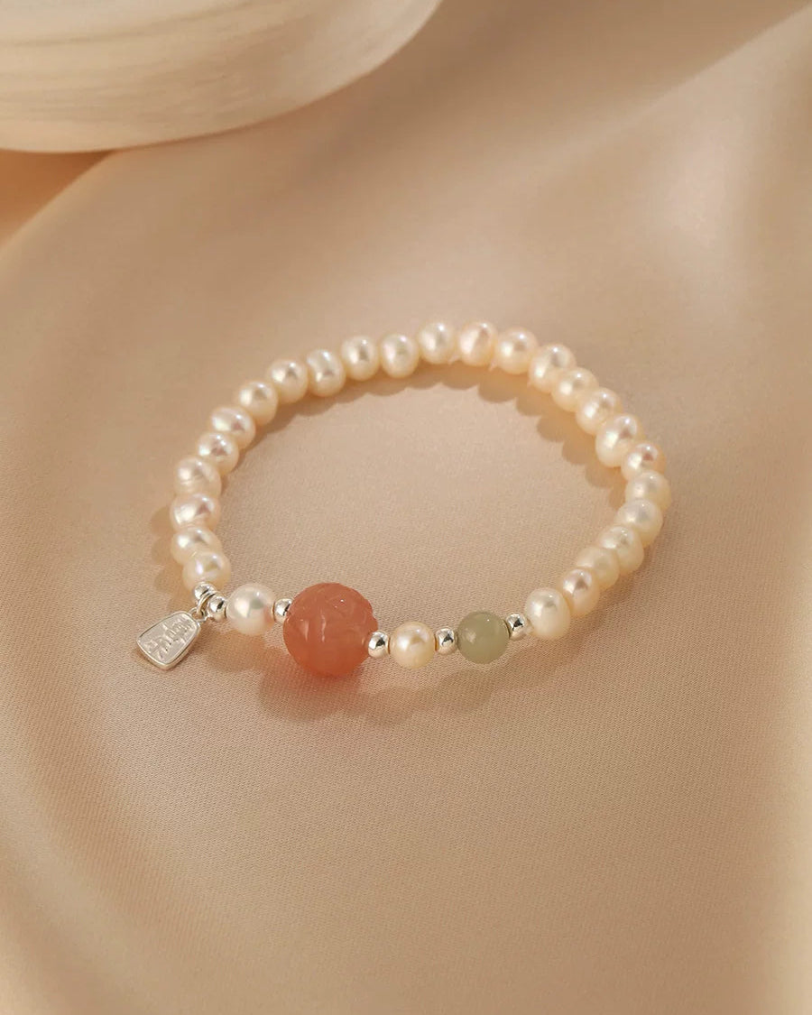 Natural Pearl & Jade Beaded Bracelet | Peace Charm | Artisan Luxe