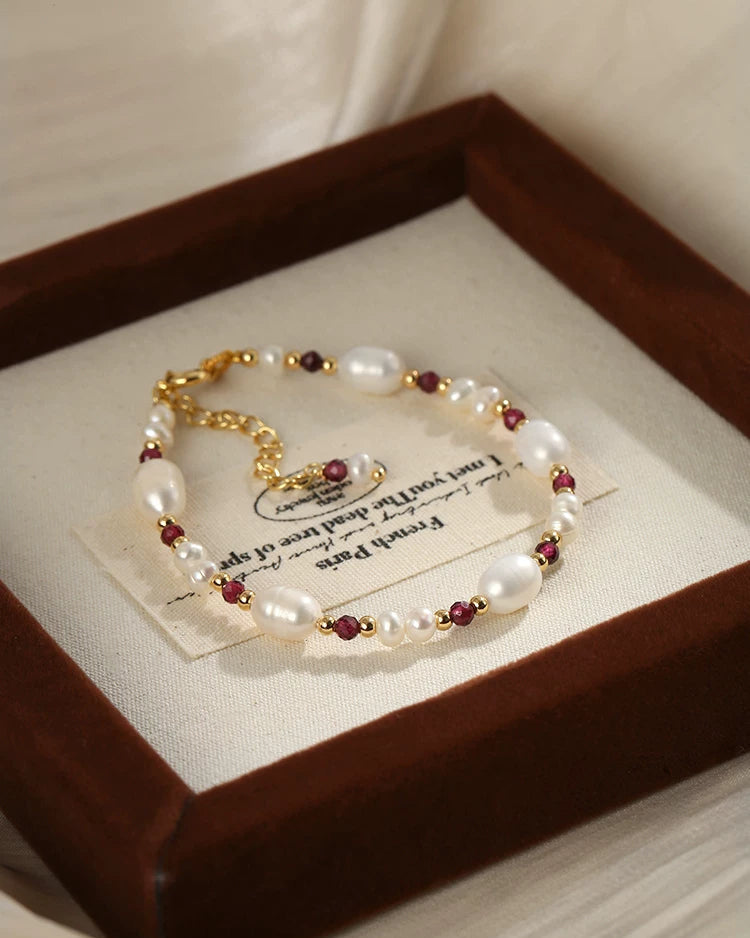Natural Pearl & Garnet Bracelet Necklace Set – French Vintage Style
