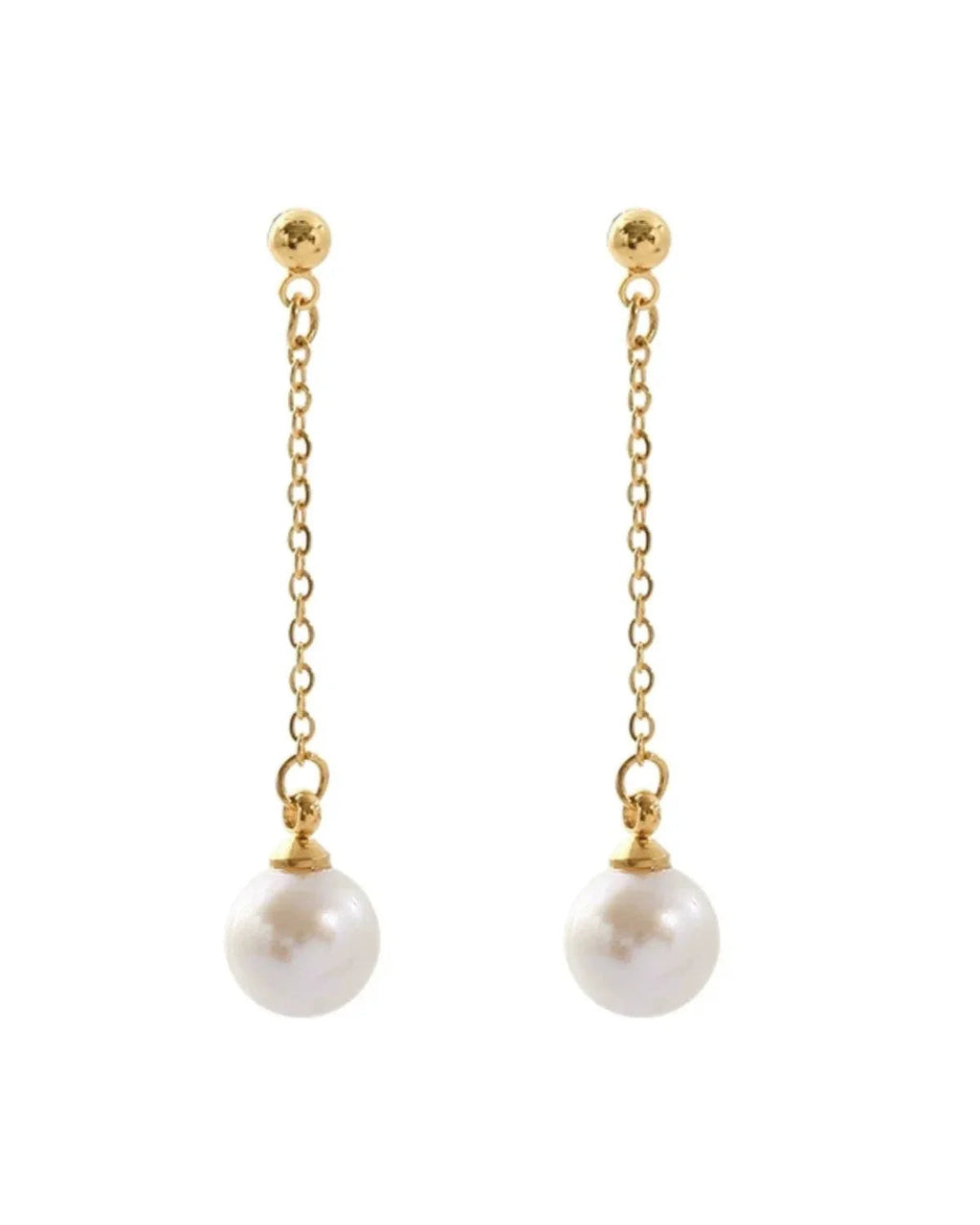 Long stylish natural freshwater pearl drop earrings on white background