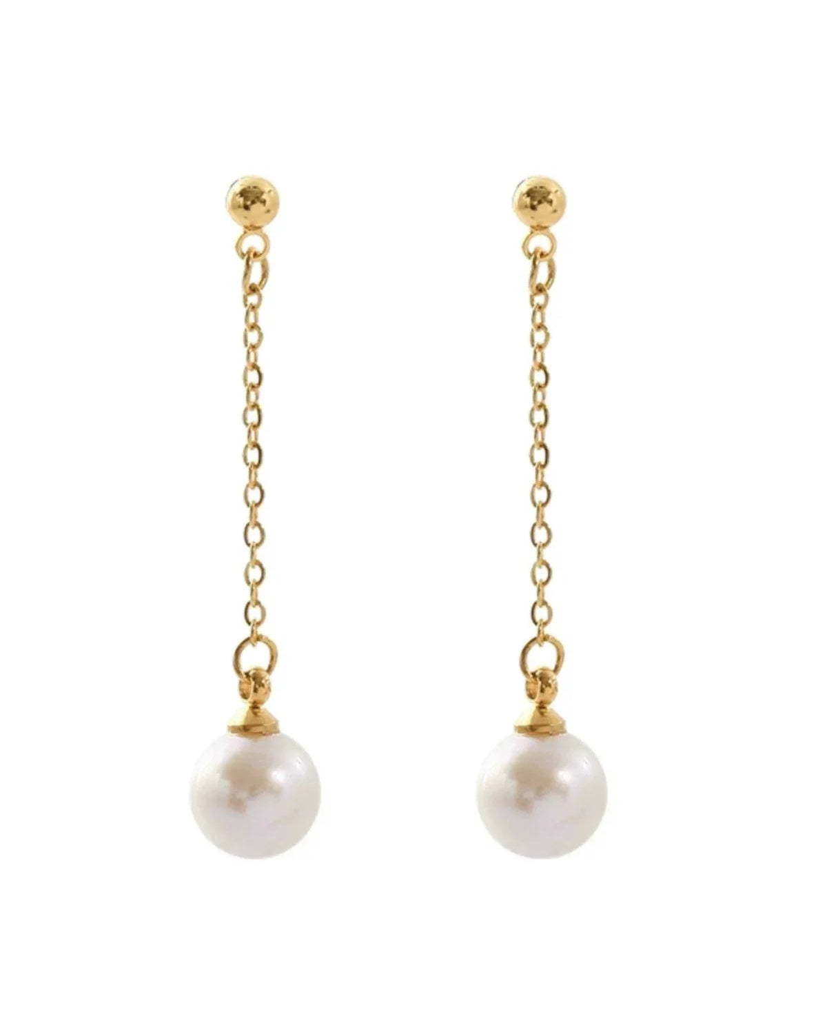 Long stylish natural freshwater pearl drop earrings on white background