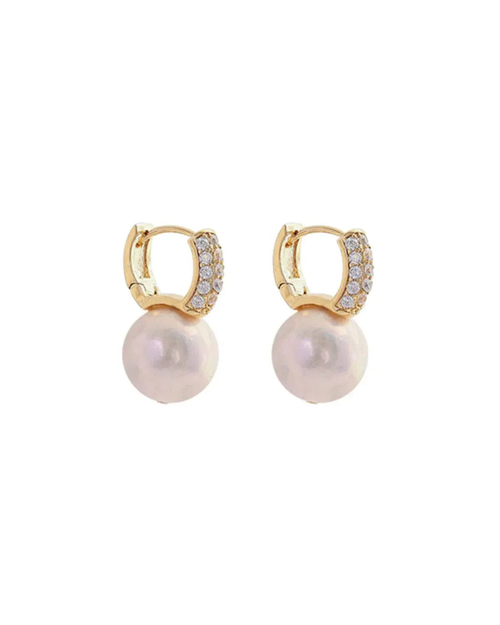 Gold hoop earrings with pearl centers on a white background