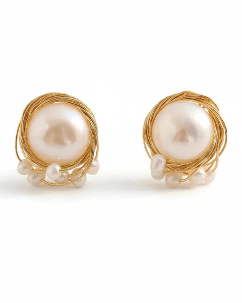 Wire-wrapped freshwater pearl earrings with S925 silver studs in elegant French vintage Hepburn style