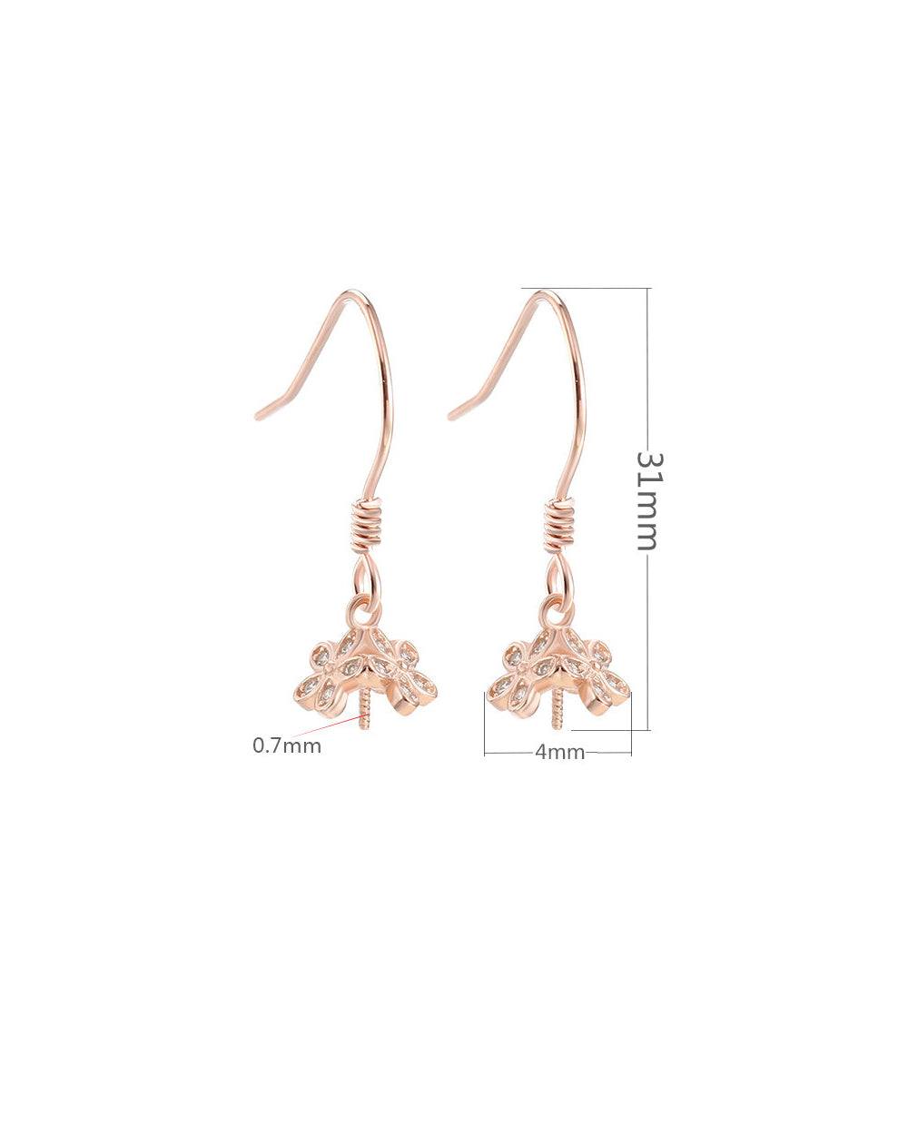 Rose gold bee-shaped earrings with measurements on a white background