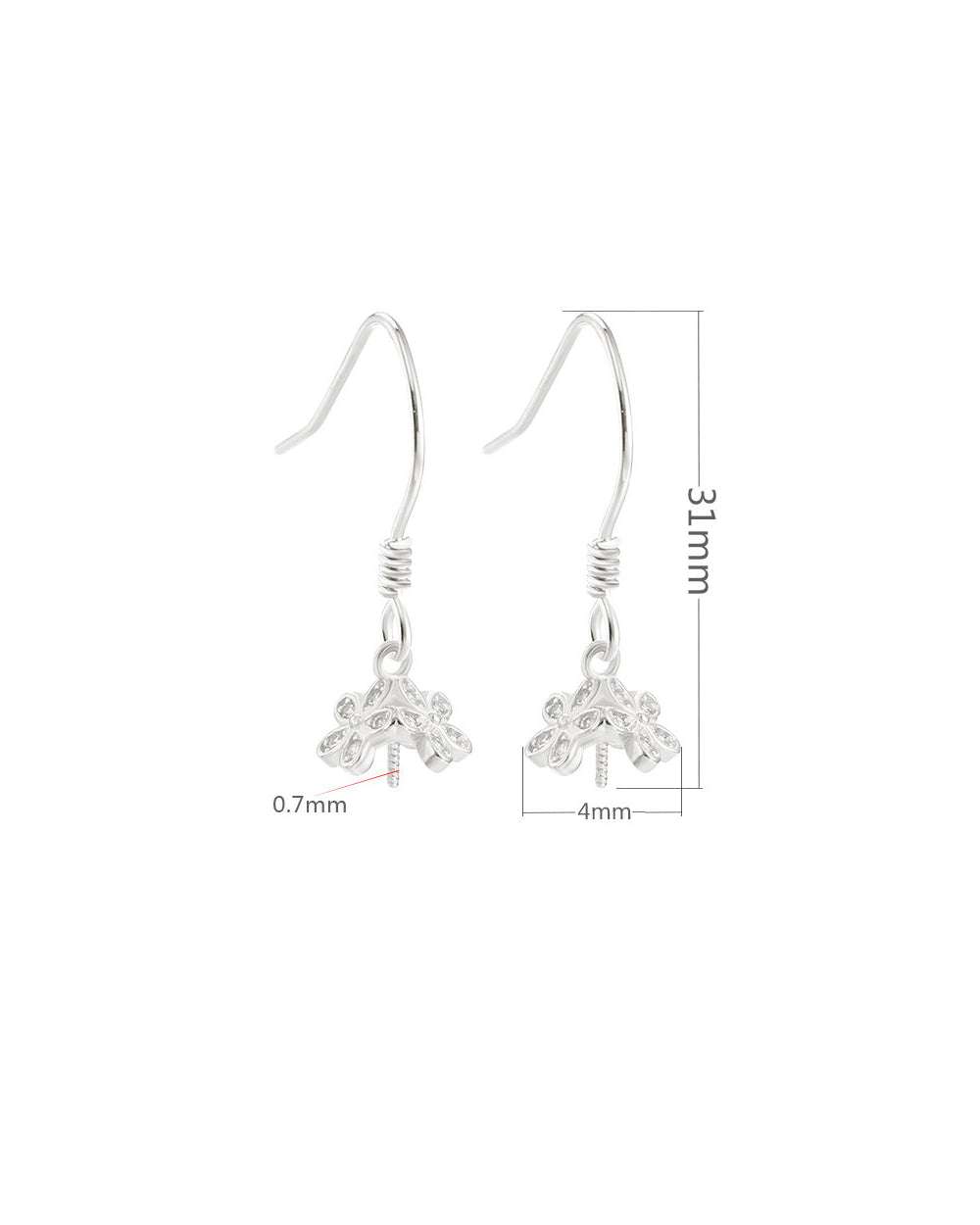 Silver earrings with floral design and measurements on a white background