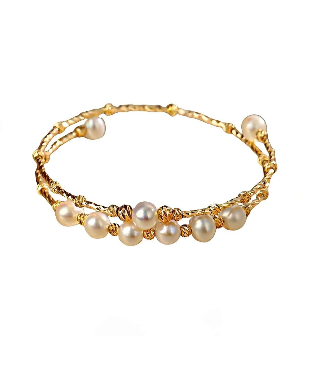 Double-Layer Freshwater Pearl Bracelet – Gold Open Bangle, Minimalist Luxury for Women